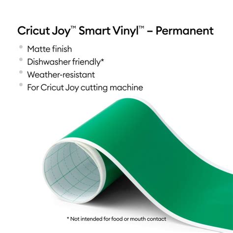 2009839 - Cricut Joy Permanent Smart Vinyl Grass; 1 roll 5.5 in x 48 in (13.9 cm x 121.9 cm); Matte finish; Works without a machine mat – just load & go!; Dishwasher friendly; Weather-resistant, ideal for outdoor projects; For Cricut Joy™